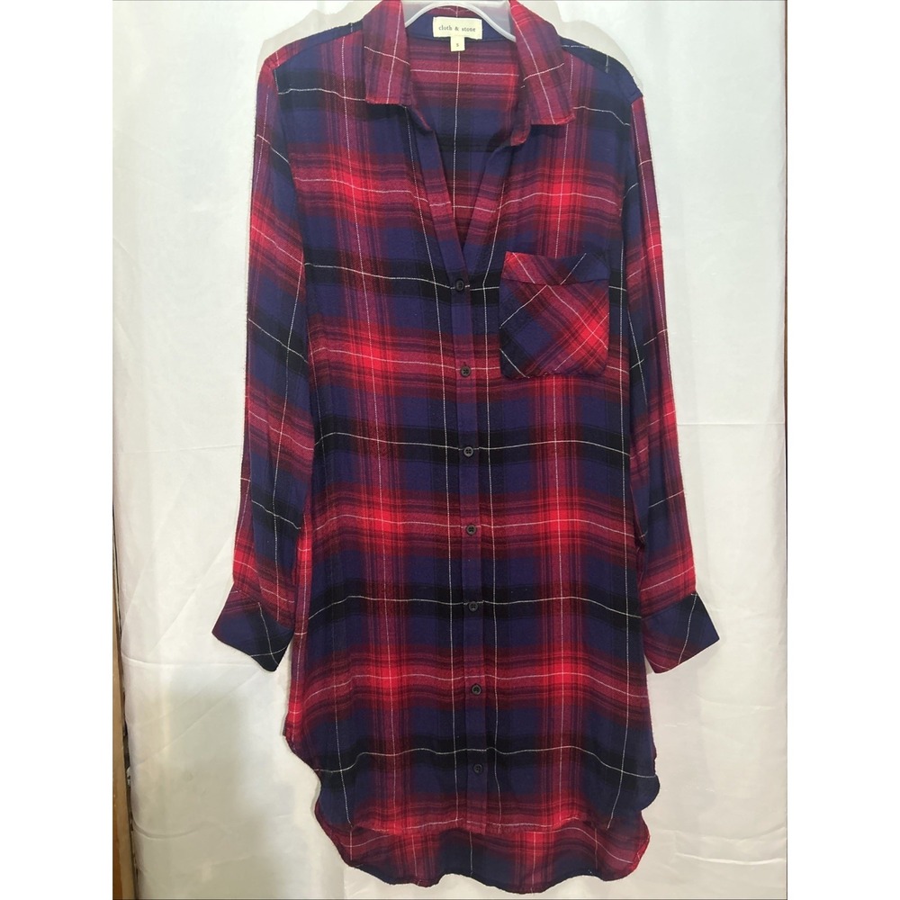 Cloth & Stone Women's Plaid Long Sleeve Button Up Dress High/Low Hem Size S